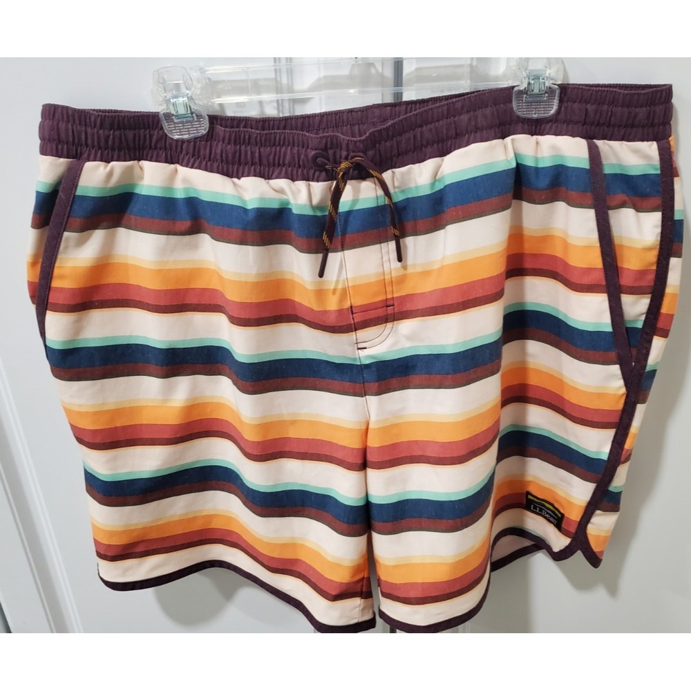 LL Bean Swim Trunks Mens XL Brown Striped Board Shorts 7 Inch Inseam